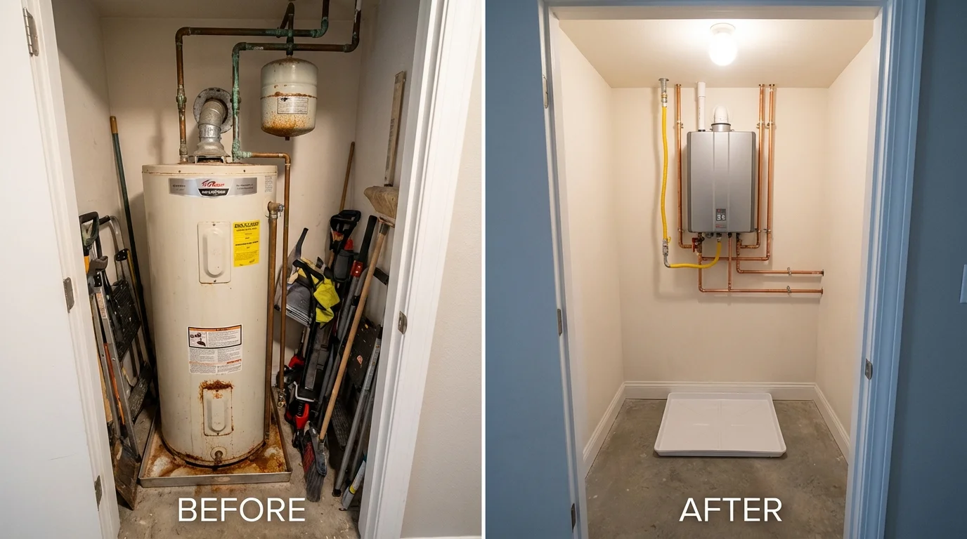 Tank water heater versus wall-mounted tankless unit comparison for Dakota City, IA homeowners