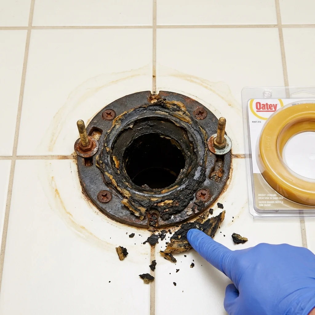 Failed wax ring showing water seepage at the base of a toilet in a Dakota City, IA home