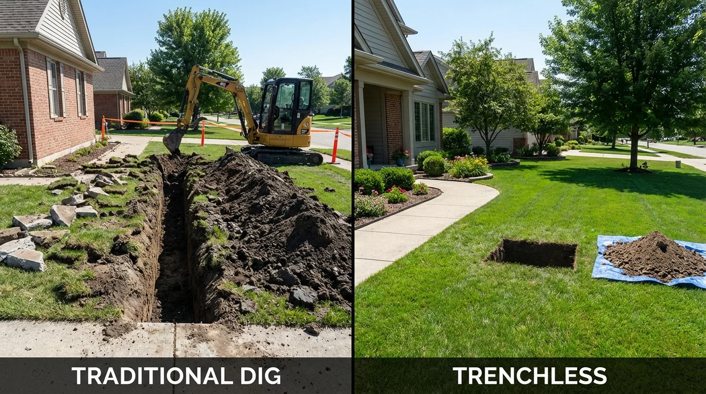 Trenchless sewer repair with minimal yard damage versus traditional excavation in Dakota City, IA