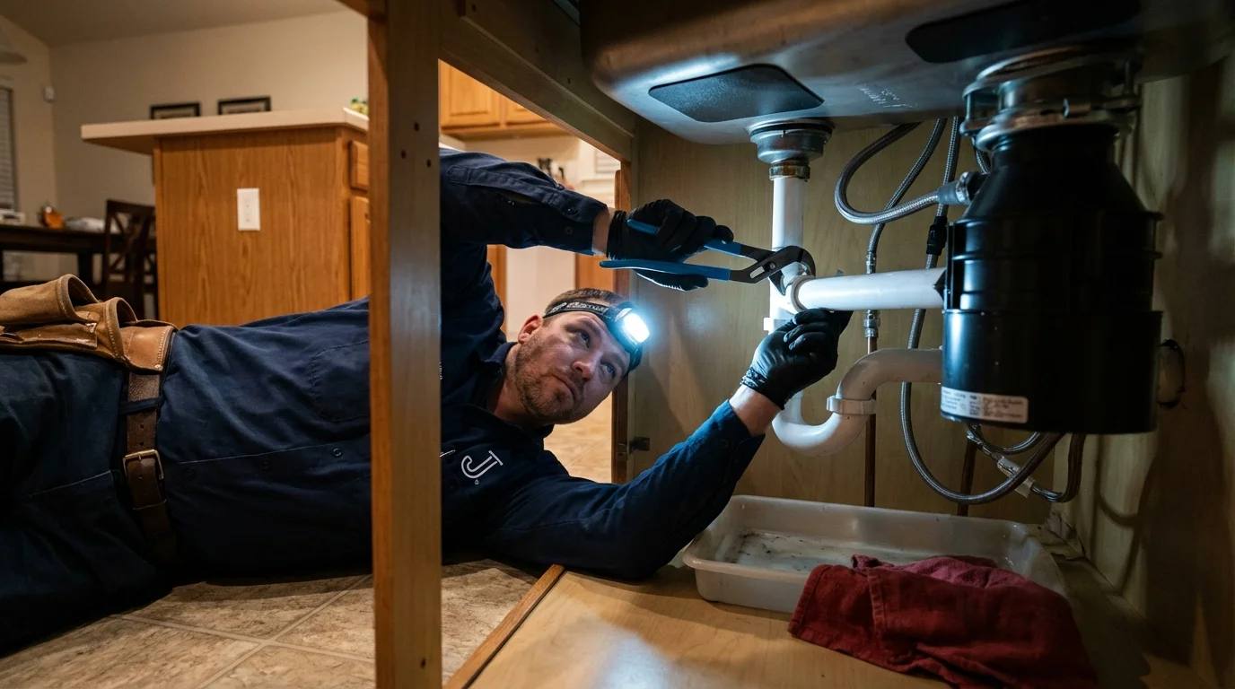 P-trap and supply line connections under a kitchen sink showing a common leak point in Dakota City, IA
